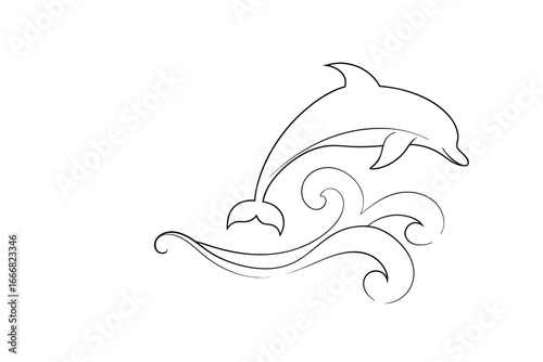 Minimalist Continous line continuous line drawing a dolphin leaping over waves jumping
