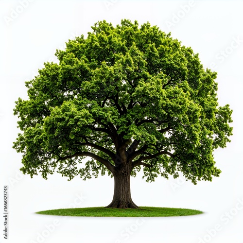 Lush deciduous tree with full green canopy standing alone in nature on white background