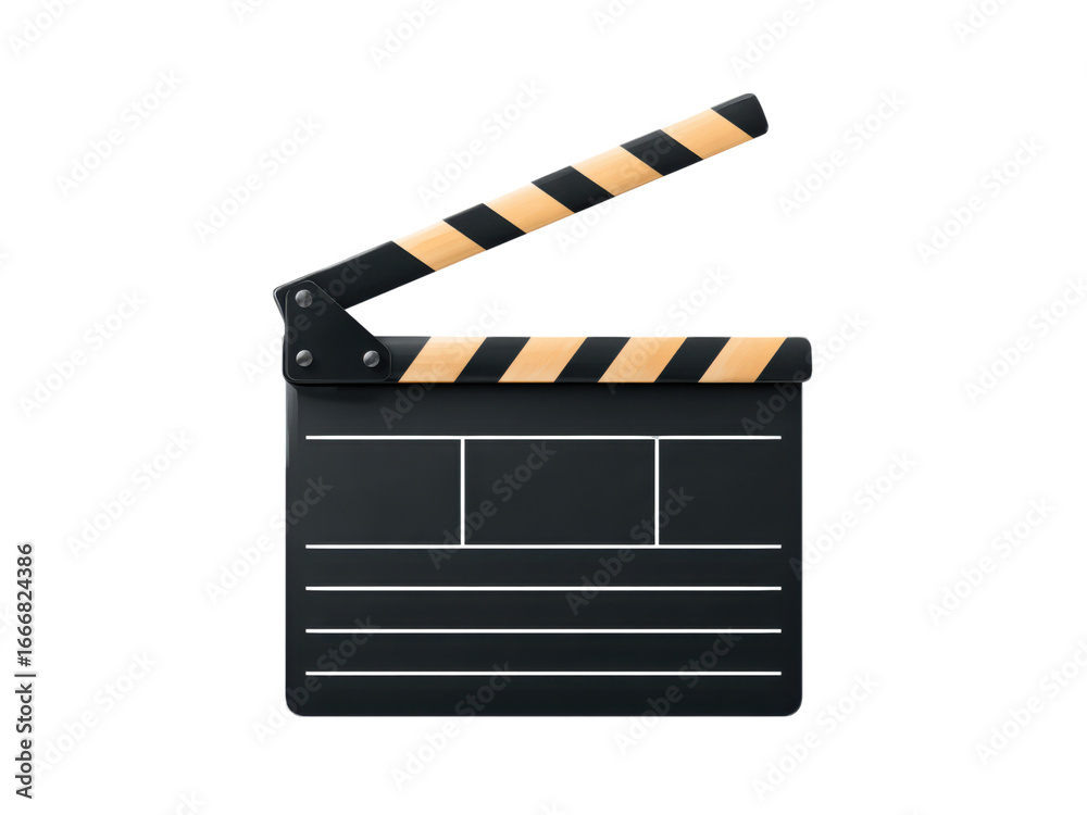 Fototapeta premium Classic Black Movie Clapperboard with Orange and Yellow Stripes Open on Black Background film clapper, Isolated On Png Transparent Background