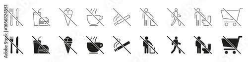 No Entry Symbols Icon Set. Prohibition Of Eating, Drinking, Smoking, Littering, Walking, Urinating and Shopping Outline And Silhouette Symbol Collection. Isolated Vector Illustration