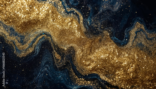 Abstract fluid art with deep rich blues and golds
