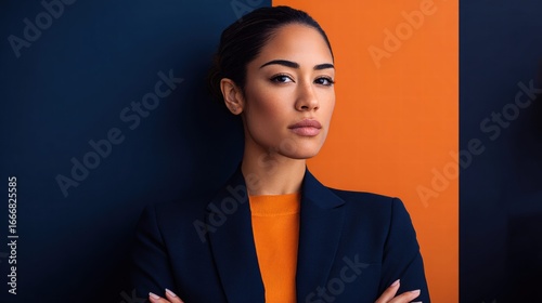 Portrait of a businesswoman with a determined expression in a stylish blazer