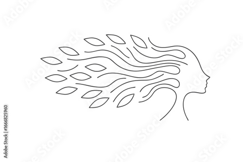 Minimalist continuous line drawing a woman's profile with flowing hair Continous line