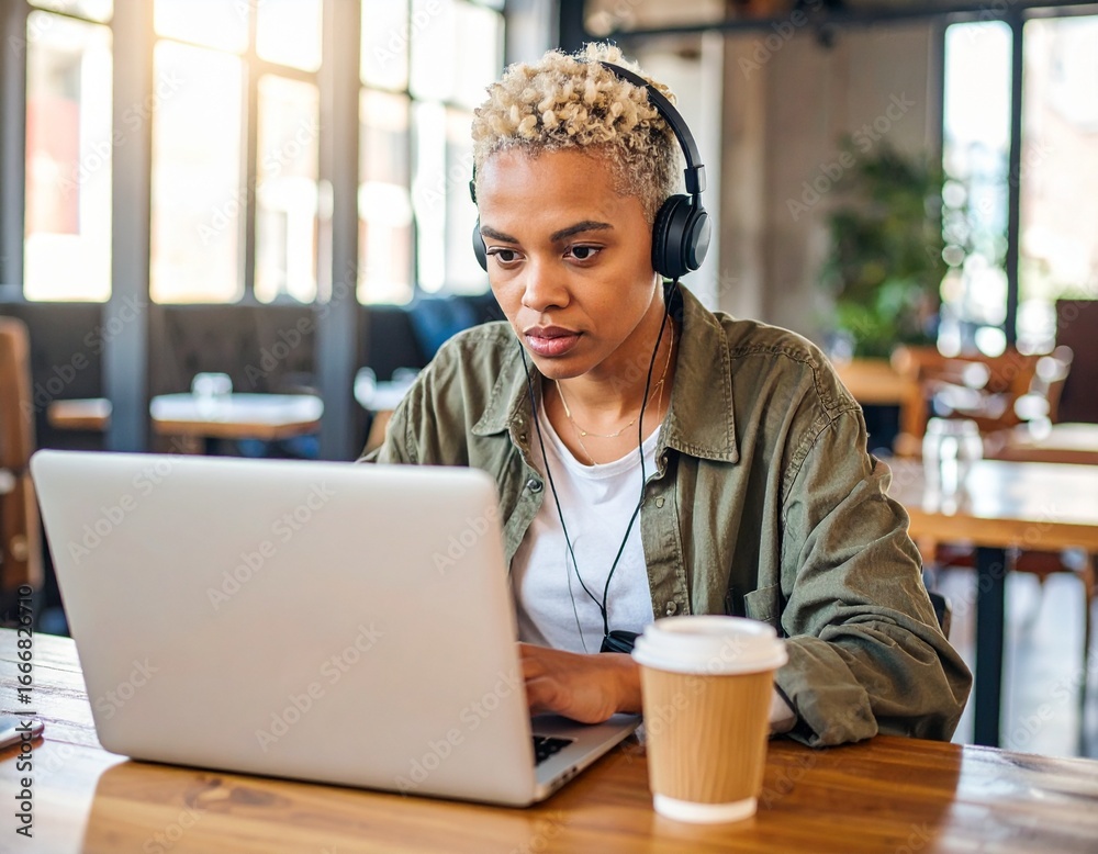 Obraz premium Woman working on laptop at café table,