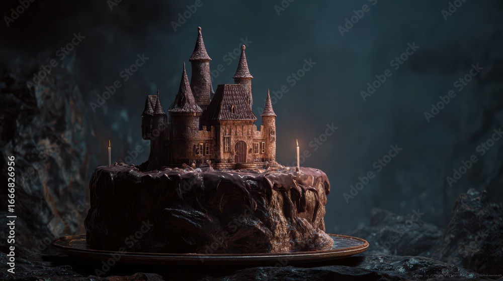 Fototapeta premium Spooky Haunted Castle Cake with Flickering Candles in Dark Environment