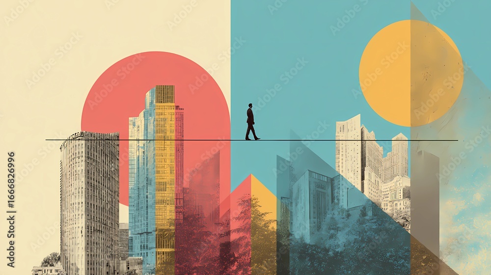 Obraz premium Silhouette walking tightrope between skyscrapers