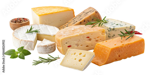 Assorted Cheese Selection Still Life Composition, Isolated on Transparent Background, Food Photography, Cheese, Dairy, Gourmet