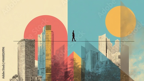 Silhouette walking tightrope between skyscrapers