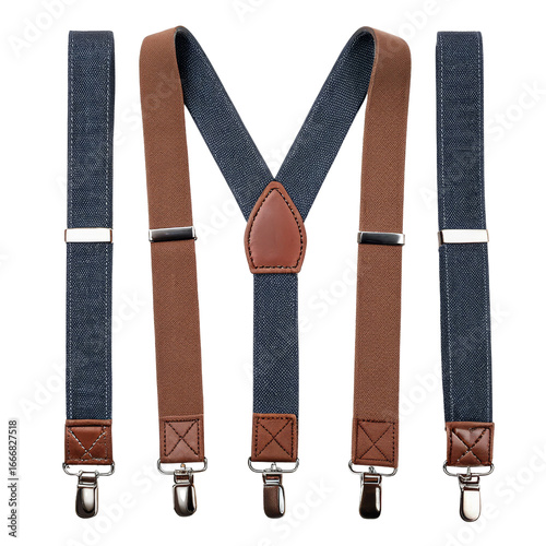 Blue and Brown Suspenders, Isolated on Transparent Background, Fashion Accessory, Apparel, Men's Style, Suspenders, Clothing, Accessories