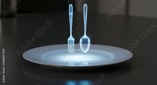 Futuristic Food Digital Fork and Spoon Hovering Above a Plate with Glowing Light
