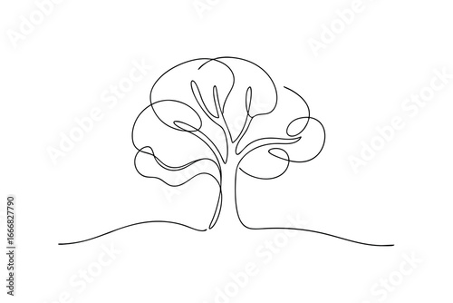Single line drawing a tree with a rounded canopy visible roots Continous line continuous