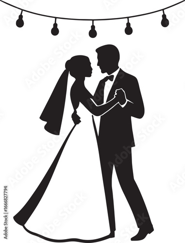 Vector Silhouette of Bride and Groom Dancing Under String Lights – Elegant Wedding Minimalist Design on White Background