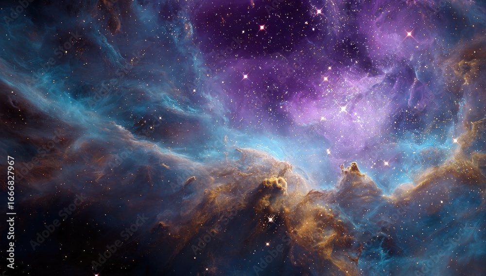 Fototapeta premium Cosmic nebula swirls in vibrant hues of purple, blue, and gold, dotted with distant stars. Vast, swirling clouds of gas and dust