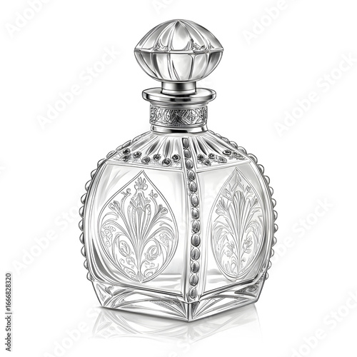 Antique cut crystal perfume bottle with ornate engraving and faceted stopper