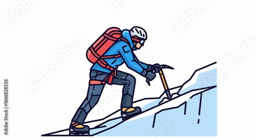 Climber Ascending Icy Mountain Slope.