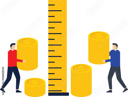 Employee or business development performance and metrics, performance development comparison and competition, improving or growing one's business, merchants carrying gold coins to a ruler and measurin