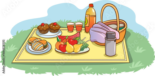 Healthy food on a blanket spread out on the grass. Fruits, sandwiches and drinks. A full picnic basket. Cartoon vector illustration