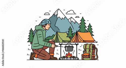 Man cooking food over campfire at campsite with mountains.