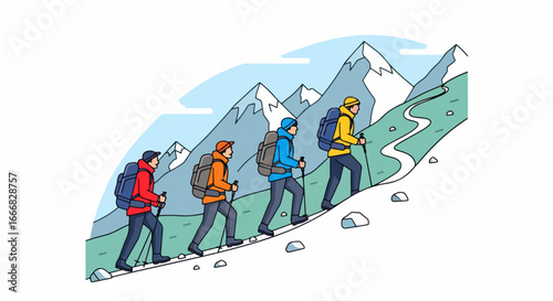 Group of hikers ascending a mountain trail with backpacks and poles.