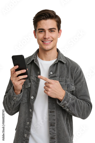 Smiling young man pointing at mobile phone against a transparent digital canvas presentation