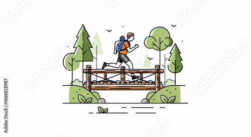 Man running across a wooden bridge in a park with trees and greenery.