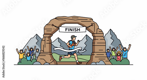 Runner crosses the finish line at a race with cheering spectators.