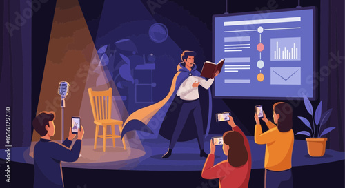 Onstage performance, data presentation, and audience capturing the moment with smartphones