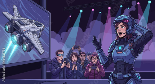Sci-Fi Convention with a Presenter Announcing New Space Adventure Game