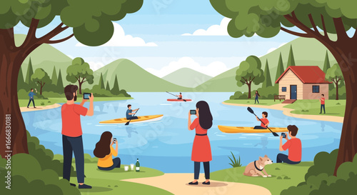 Tranquil lakeside recreational area with vacationers enjoying nature and kayaking