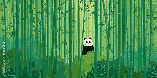 A cute, smiling panda bear peeking from behind a dense, stylized green bamboo forest.