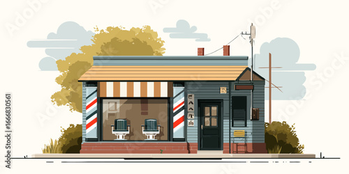 Illustrated small-town barbershop facade with blue-gray siding, a striped awning, and a classic pole.