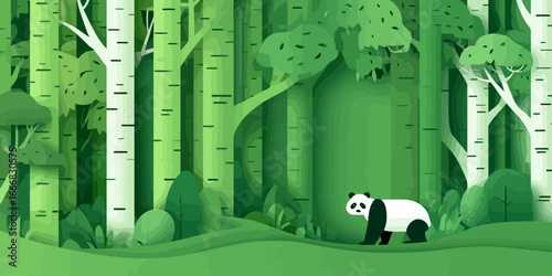 A stylized black and white giant panda walking in a minimalist flat vector art style.