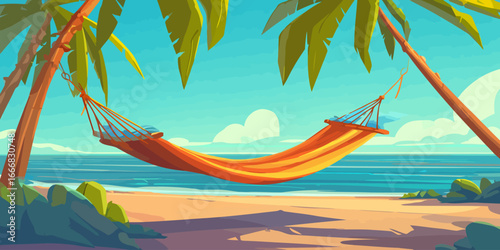 Vibrant orange and yellow striped hammock with pillows, suspended between two tropical palm tree trunks in a stylized illustration.