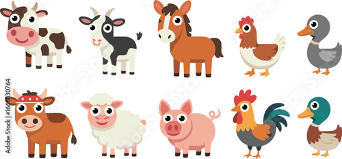 Cute cartoon farm animals vector set including cow, goat, horse, chicken, pig, sheep, duck, rooster, child-friendly design.