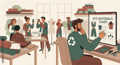 Eco-conscious fashion studio designing sustainable apparel with recycled fabrics