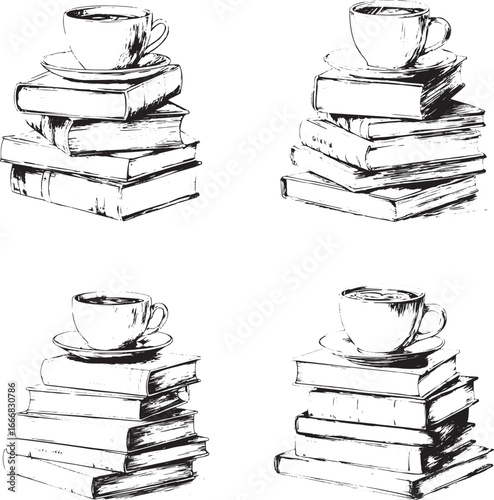 A stack of books with the top book being a coffee cup, vector line art on a white background.eps