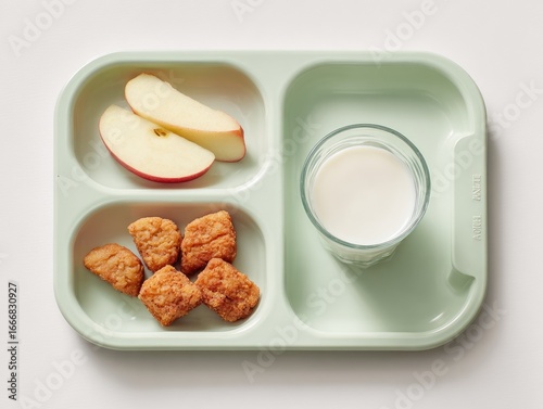 Child's school lunch tray with apple slices, chicken nuggets, and milk