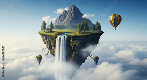 Surreal Floating Island with Waterfall, Mountain Peak, and Hot Air Balloon Journey