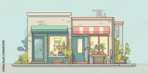 Charming illustrated storefronts of two small shops decorated with potted plants and awnings.
