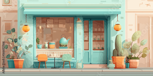 Illustrated facade of a quaint teal tea shop with outdoor seating, potted plants, and hanging orange lanterns.