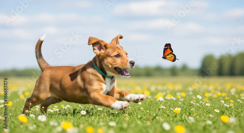 A playful puppy chasing a butterfly across a vibrant flower-filled meadow