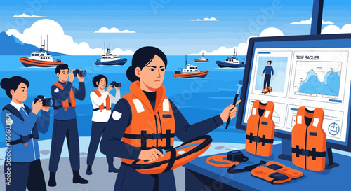 Coastguard team safety training, maritime rescue simulation and emergency response coordination