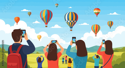 Capturing airborne festival excitement: People take photos of hot air balloons