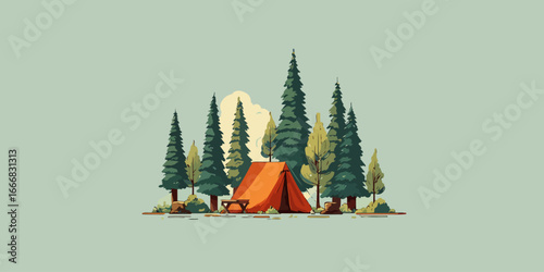 Minimalist illustration of a cozy orange tent campsite nestled among tall pine trees.
