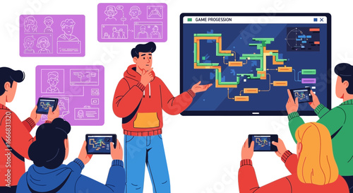 Collaborative game development team brainstorming and designing level progression