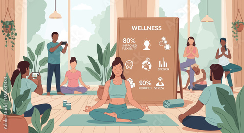Vector illustration of yoga class meditating together for mental wellbeing