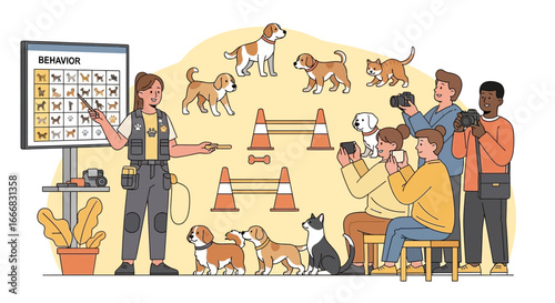 Dog training seminar illustration demonstrating behavior and exercises to owners