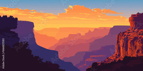 Stylized illustration of a majestic canyon gorge at sunset with warm, layered colors.