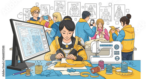 Creative process: costume designer, team collaborating, digital design, sewing costume