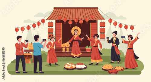 Vibrant mid autumn festival scene with dancers, lanterns and celebrators